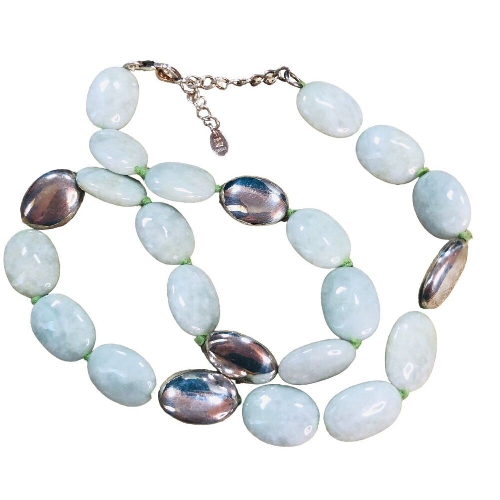 Designer BSJ Womens Necklace Green Jade Sterling Silver Nugget Bead